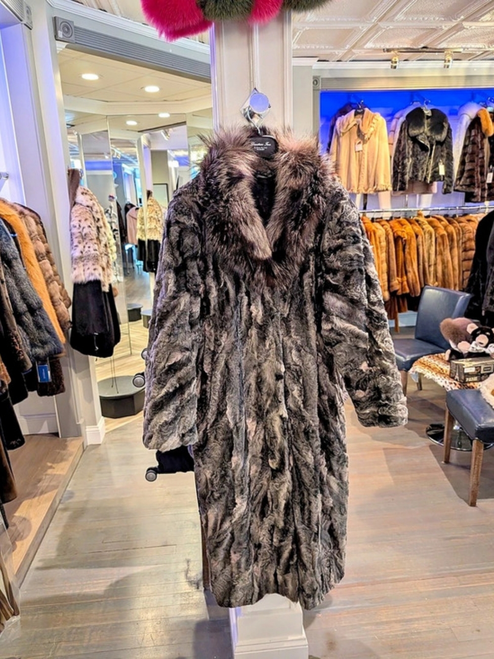 Brownstone Fur Grey Persian Fur Coat in Brown Like New Fox Collar Full Length